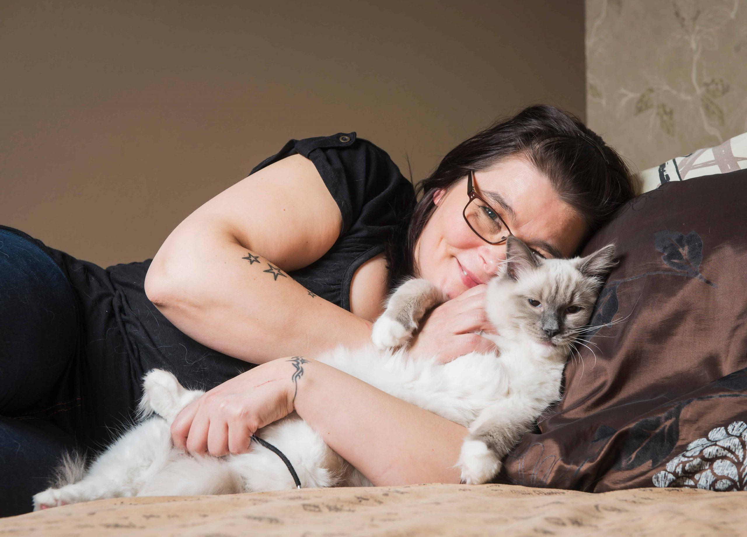 feline hypertrophic cardiomyopathy - white cat sleeping with women