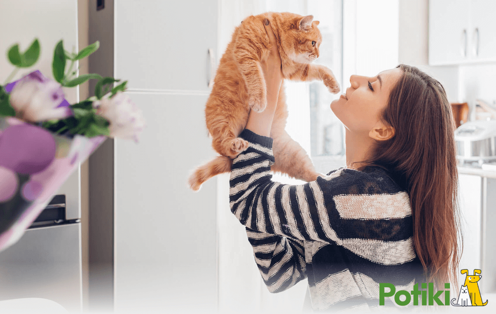 A girl playing with her brown tabby cat