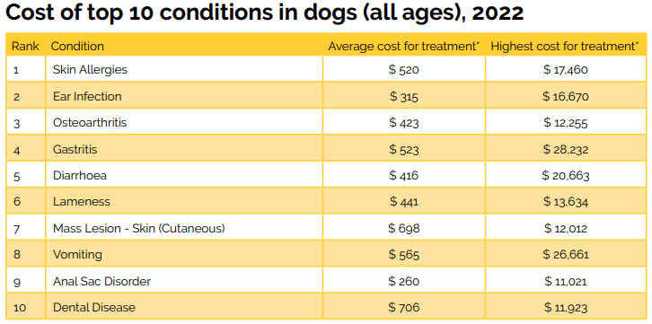 Cost of top 5 everyday conditions in dogs