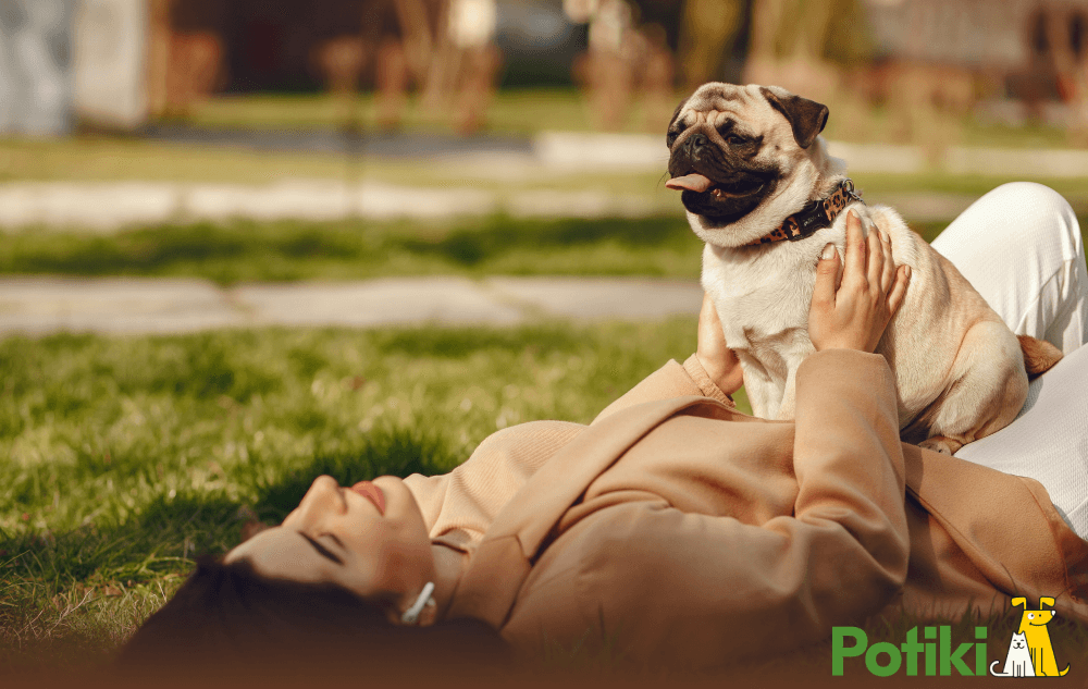 A woman playing with her dog